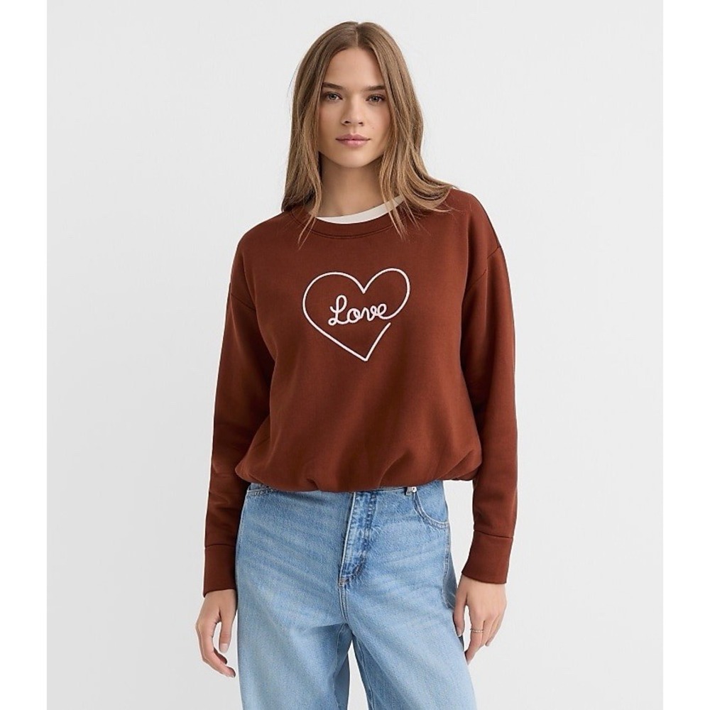 LOFT Love Embroidered Bubble Sweatshirt Womens Petite XXS Cinnamon Pullover NEW